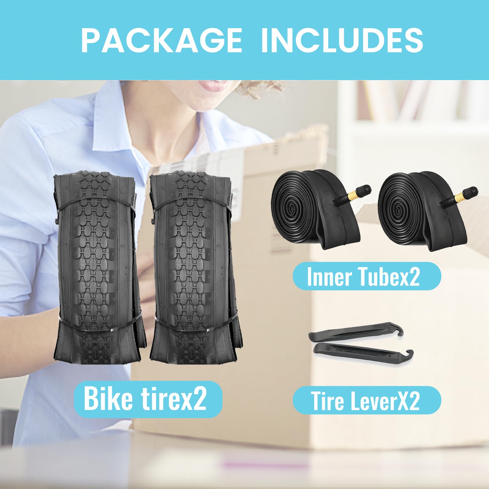 WHEELO 26x2.125 Beach Cruiser Bike Tires - 2 Pack With Tubes, Levers & Strips, Foldable Black Tires