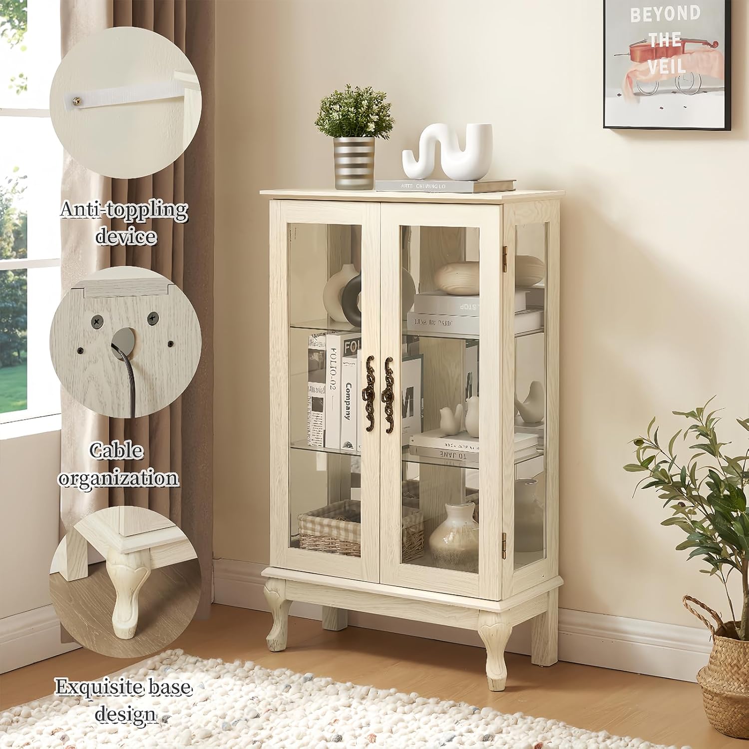 Curio Cabinet with Tempered Glass Doors Lighted Display Case with Mirrored Back Panel and Adjustable Shelves, Freestanding Display Cabinets for Collectibles, Bar Glass Liquor Storage (White)