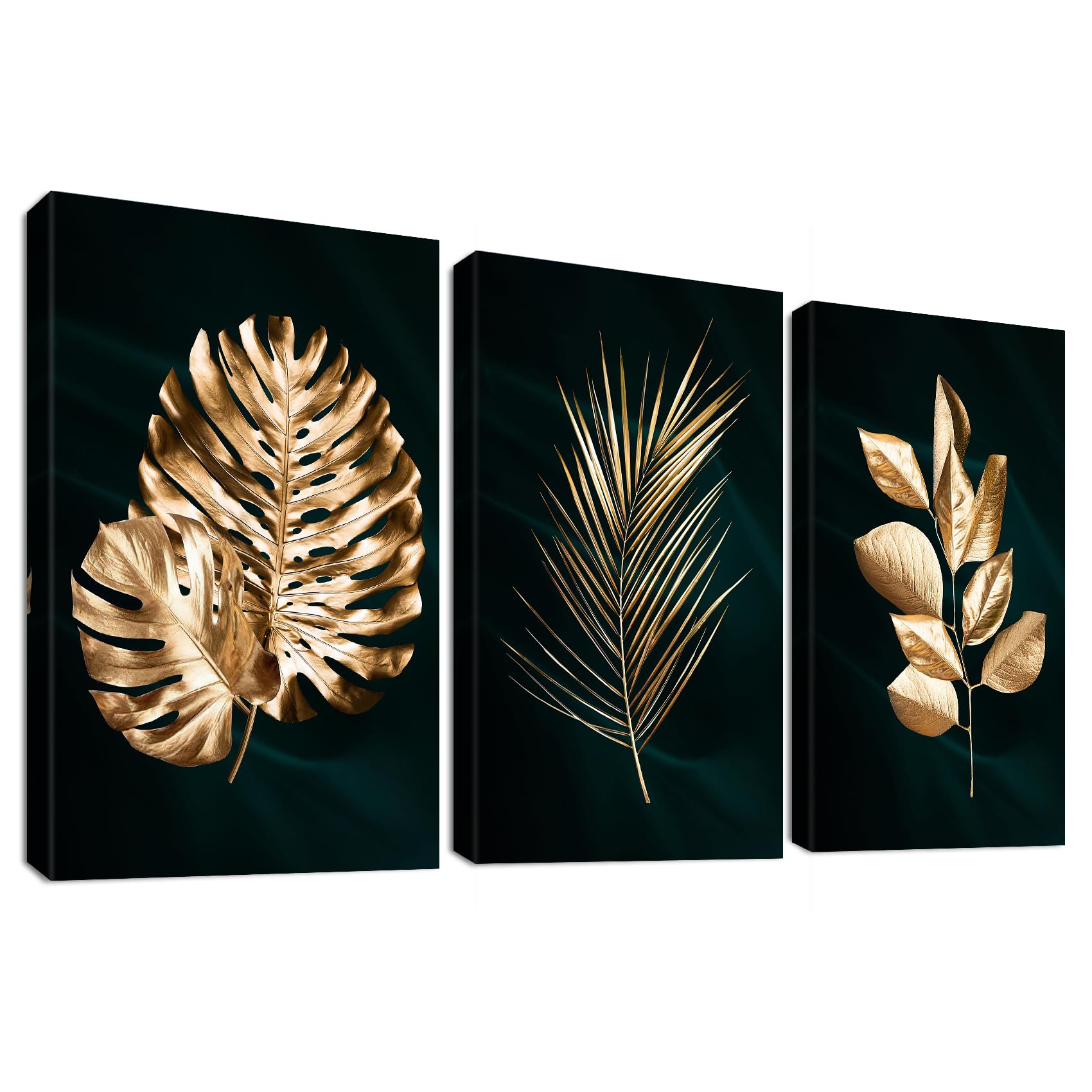 3 Panels Tiefes Grün Mit Rahmen Leinwand Bilder Schwarz Gold Palmblätter Bild auf Leinwand Malerei Poster Wandbilder Wanddeko Wohnzimmer Schlafzimmer Korridor Dekorationen 90x40cm (12"x16"x3pcs)