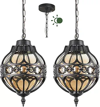 Dusk to Dawn Globe Outdoor Pendant Lights for Porch Garage, Black Round Aluminum Anti-Rust Hanging Lighting Fixture, Industrial Exterior Ceiling Lantern Light with Amber Glass, 2 Pack