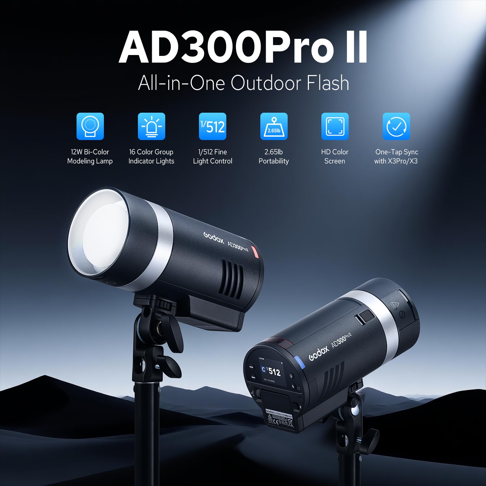 GODOX AD300Pro II AD300 Pro II Flash per Esterno, 300Ws TTL HSS 1/8000s Flash Portatile Monoluce, Batteria 2600mAh, Tempo di Ricarica 0.01-1.5s, Sincronizzazione One Tap con Trigger X3