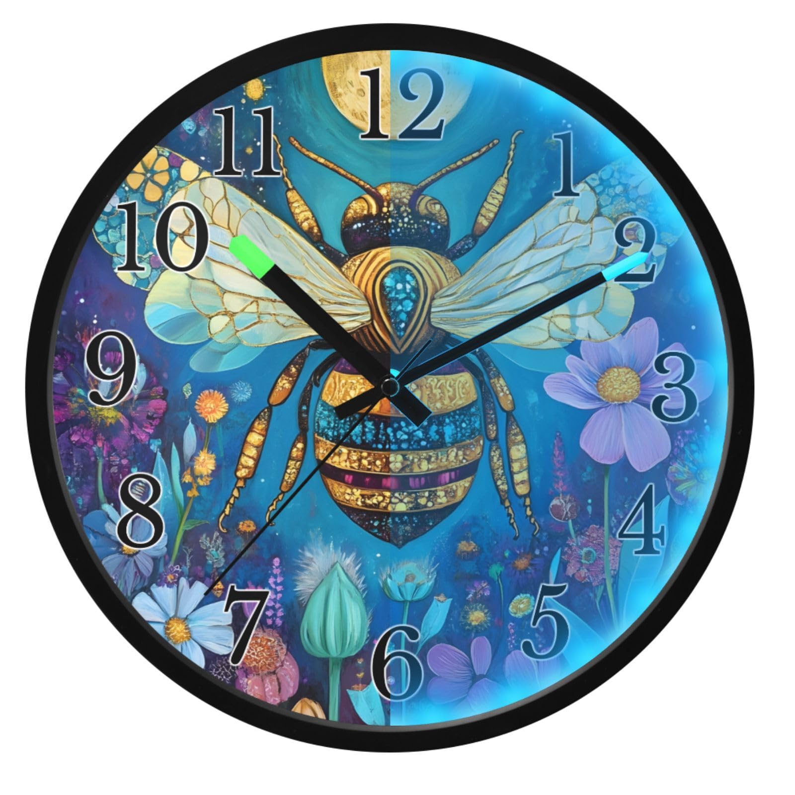 Mnsruu Reloj de pared luminoso con diseño de abeja y luna y flores, funciona con pilas, silencioso, brilla en la oscuridad, para sala de estar, cocina, 12 pulgadas