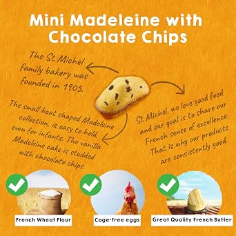 St Michel Mini Chocolate Chip Madeleines French Sponge Cakes Made in France, Pack of 4 (2.64 oz each) Non-GMO