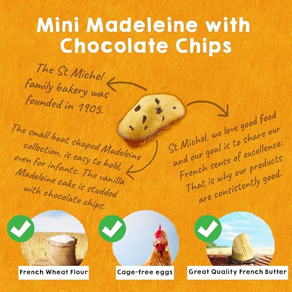 St Michel Mini Chocolate Chip Madeleines French Sponge Cakes Made in France, Pack of 4 (2.64 oz each) Non-GMO