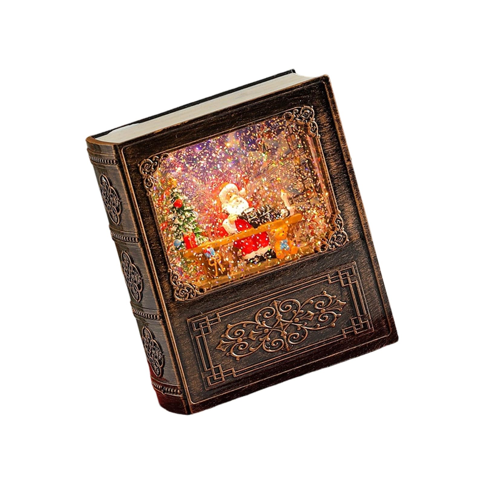 Tabletop Christmas Decor Music Box, Book Shaped Water Scene, Built in Sound, USB or Battery Holiday Display Accent Christmas Snow Globes Glitter Music Box Musical Snowglobes Book Shape Lighted Water
