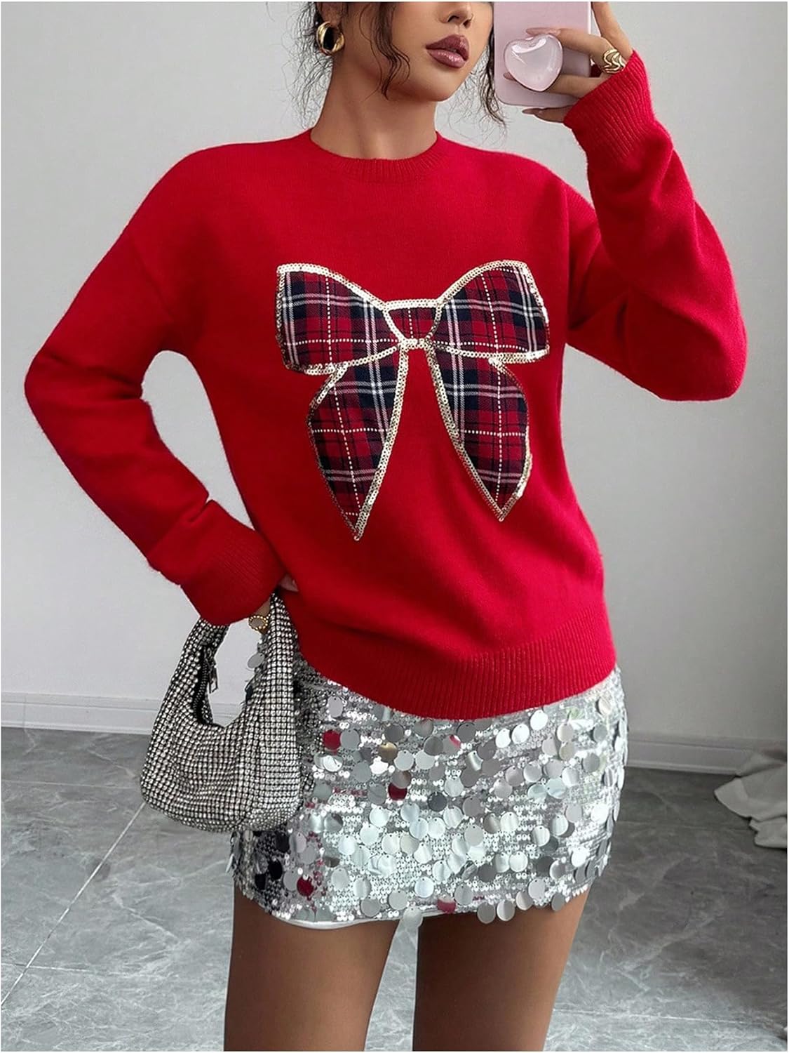 GORGLITTER Women's Valentine Sweater Bow Sequin Plaid Cute Long Sleeve Crew Neck Knit Trendy Pullover Jumper Tops - Image 4