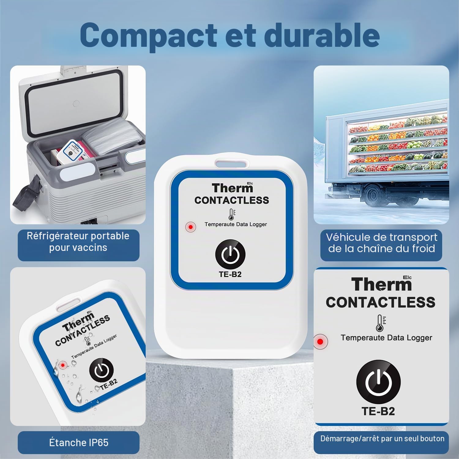 ThermElc TE-B2 Enregistreur de température sans fil pour vaccins, conforme à la norme EN12830, moniteur pour réfrigérateur de pharmacie avec calcul MKT, réutilisable, rapports PDF sans contact