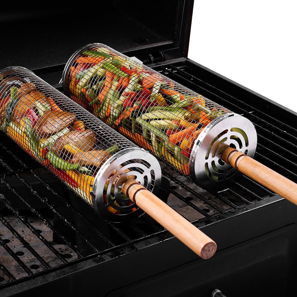 Grill Baskets for Outdoor Grill, 2PCS Rolling Grill Baskets with Handle,Stainless Steel Cylinder Tubes Vegetable Cage Bbq Basket,Meat/Fish/Shrimp/Durable and Versatile Grill Accessory Camping