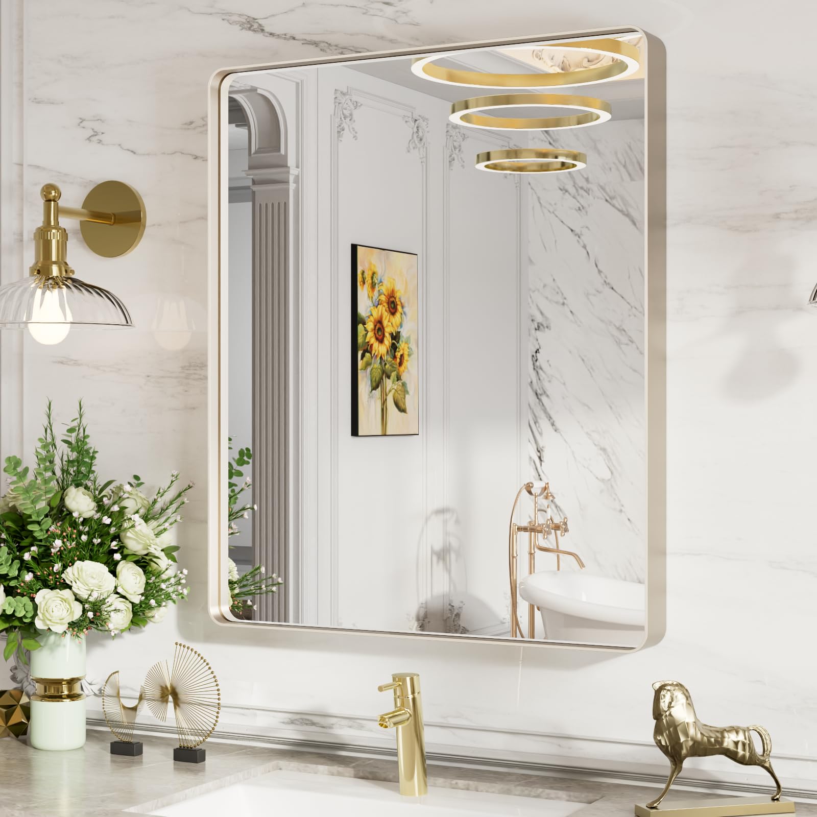 Photo 1 of LOAAO 30X36 Inch Brushed Nickel Bathroom Mirror, Rounded Rectangle Silver Metal Frame Mirror, Brushed Nickel, Anti-Rust, Shatter Proof, Hangs Horizontally or Vertically Brushed Nickel 30"x36"