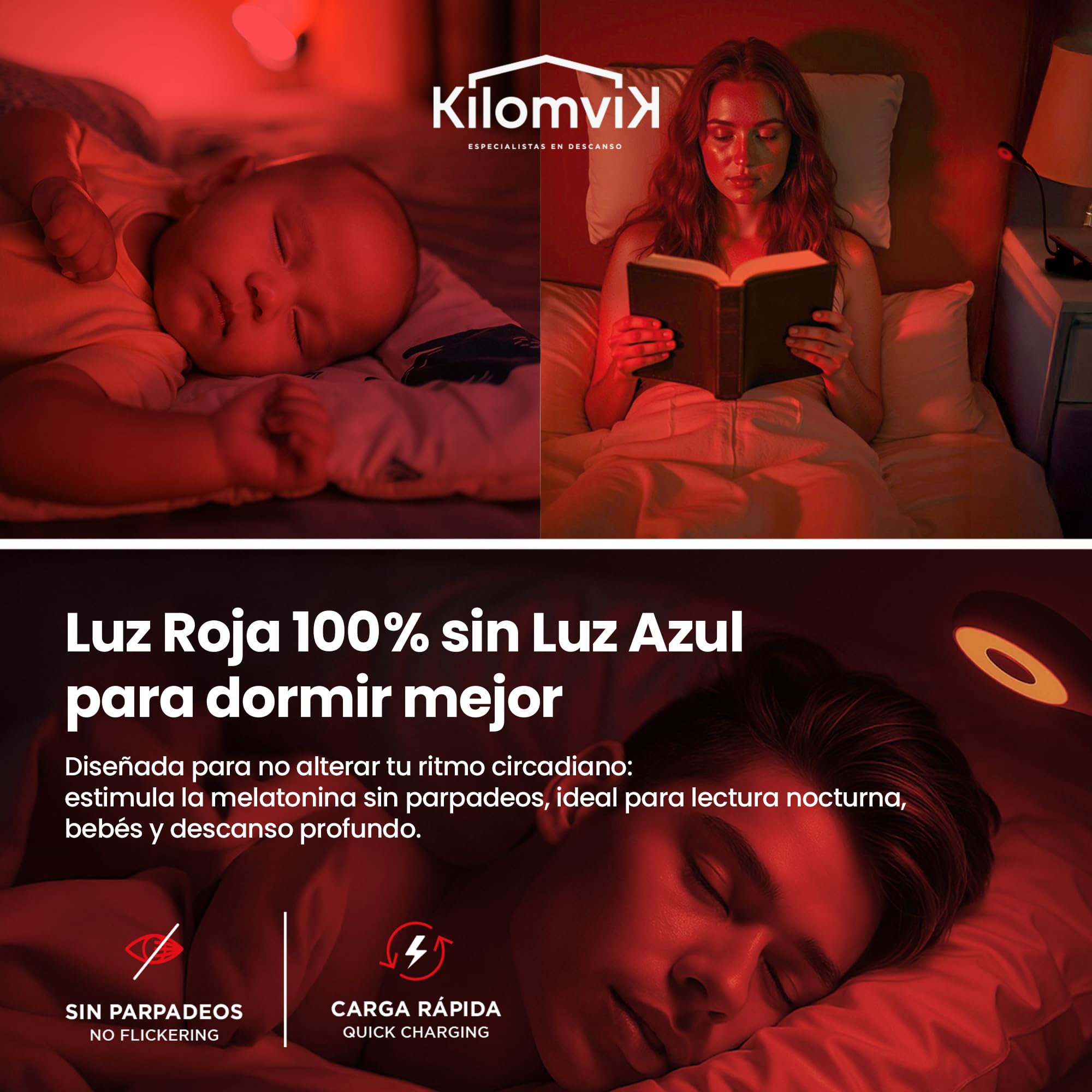 Lampara Luz Roja Nocturna Melatonina - 0% Luz Azul, Sin Flicker - Ideal para Dormir Bebe y Adultos - Lampara Lectura Noche con Pinza y Cuello Flexible 360° – Recargable USB, 3 Intensidades