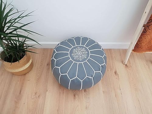 Miniatura 4 de ARTOUARZAZATE Funda para puf de cuero marroquí de alta calidad, funda para taburete otomano redondo y grande con bordado, solo funda, perfecta para