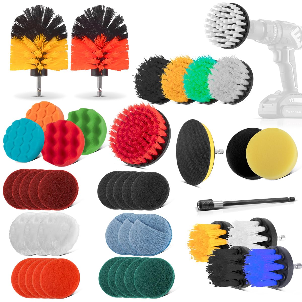 STAHLWERK Set di 45 spazzole per avvitatore a batteria e trapani, cuscinetti abrasivi in velcro, spazzole per la pulizia e spugne per lucidatura con attacco standard con adattatore di prolunga incluso