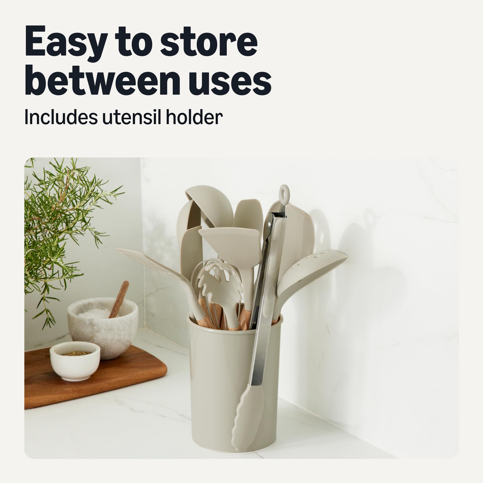 Amazon Basics Silicone Cooking Utensils Set with Wooden Handle, 14-Piece Set, BPA-Free, Utensil Holder Included, Linen Gray