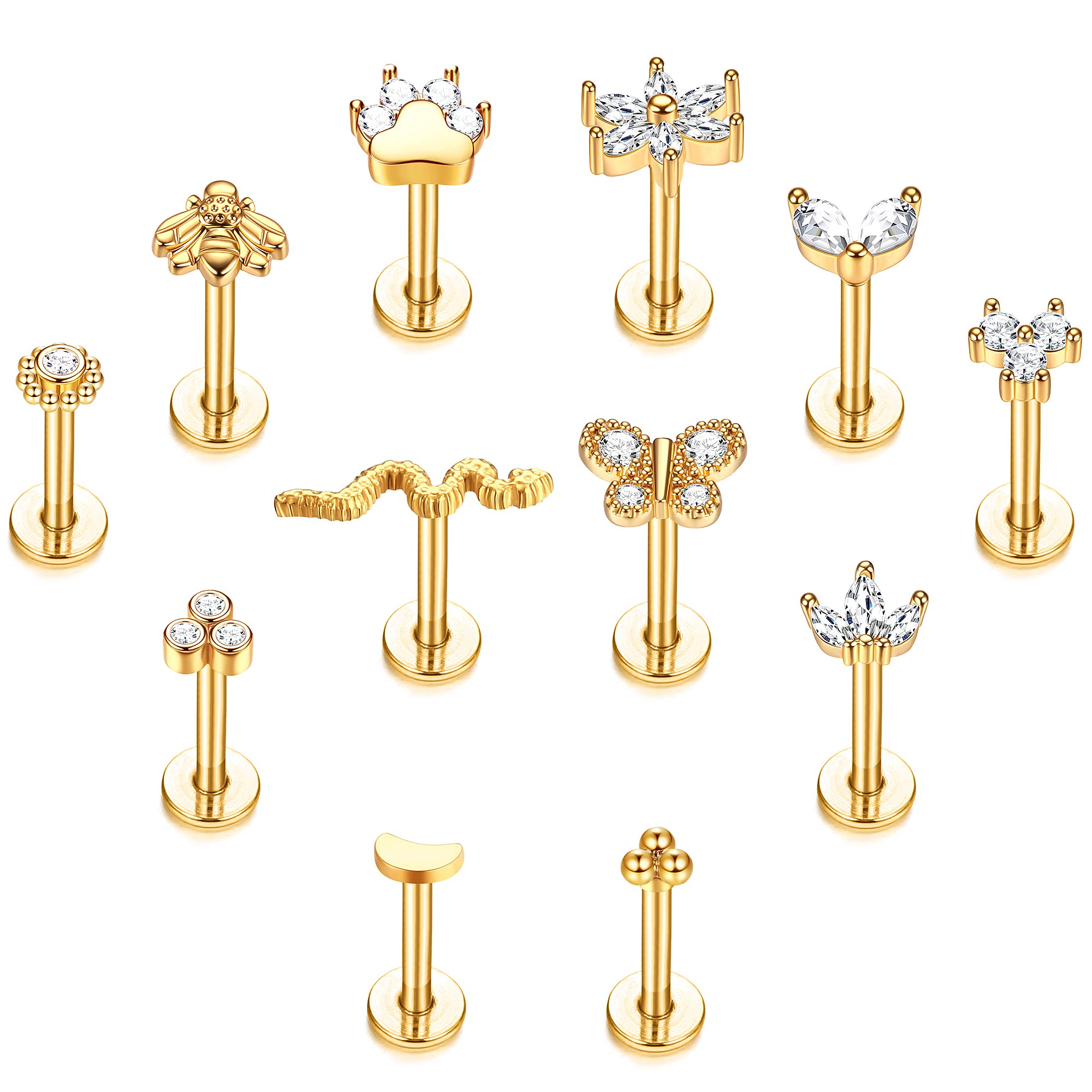 YADOCA 12 Piezas 16G Pendientes de Cartílago para Mujeres Hombres Acero Quirúrgico Flor Abeja Mariposa Serpiente Rosca Interna Labret Monroe Medusa Labio Piercing Conch Helix Tragus Piercing Joyería