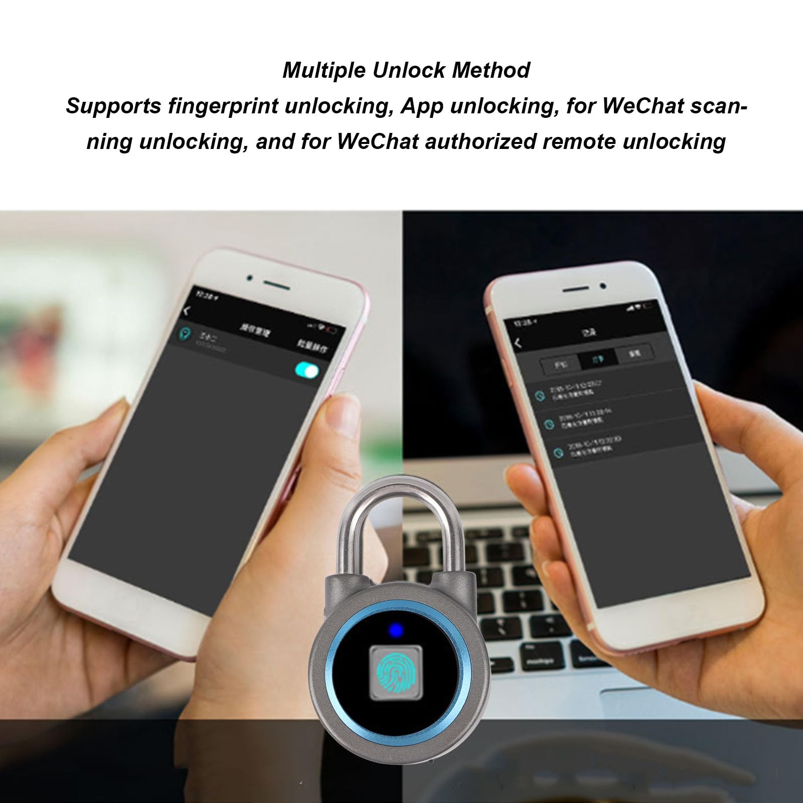 Fockety Cadenas à Empreinte Digitale, Cadenas biométrique Intelligent Bluetooth IP65 étanche avec déverrouillage par APP, Serrure à Combinaison électronique pour Portail de clôture (Bleu)