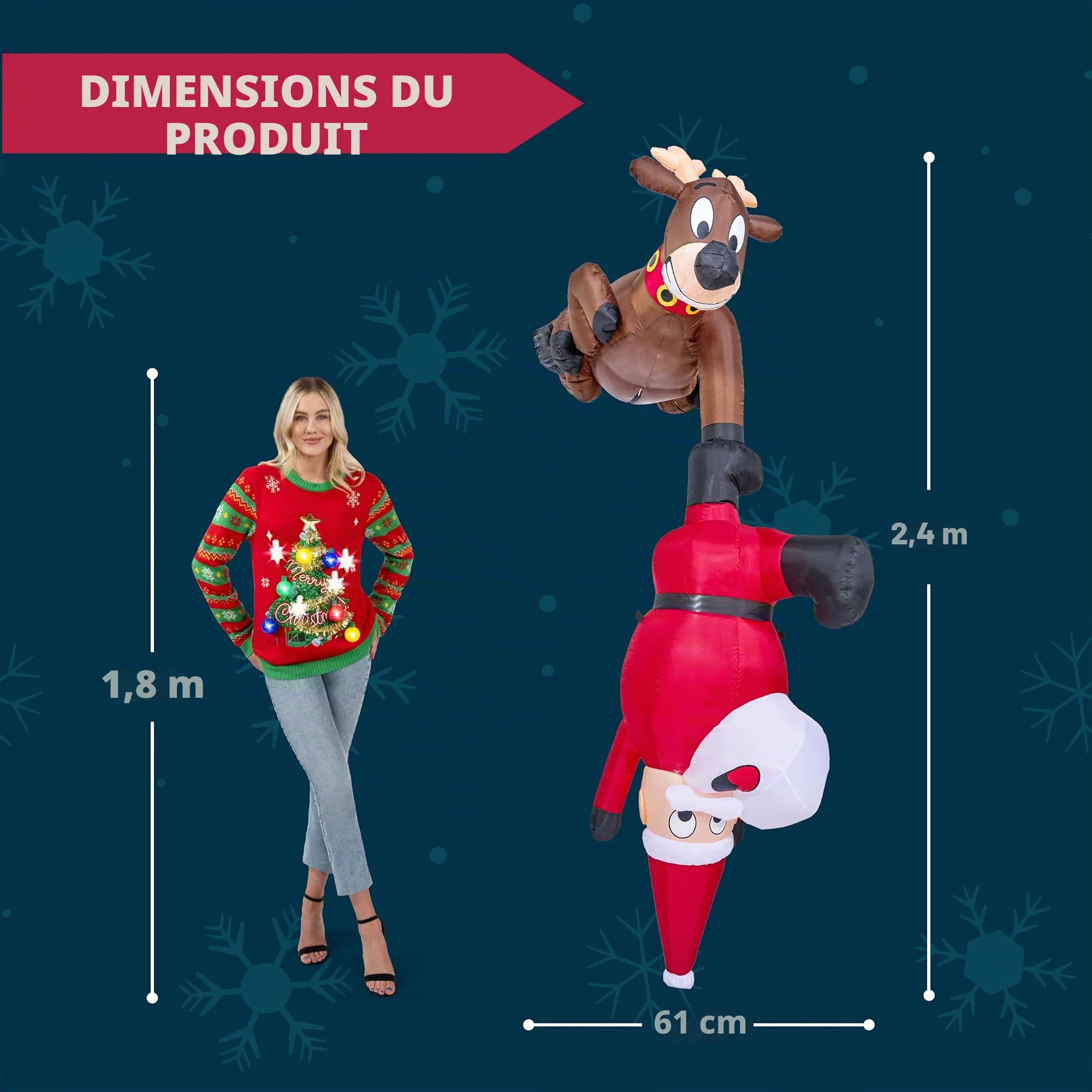 Joiedomi Décoration Gonflable de Noël 2,4 m - Renne et Père Noël Grimpant - LED Intégrée pour Intérieur, Extérieur, Cour, Jardin, Pelouse