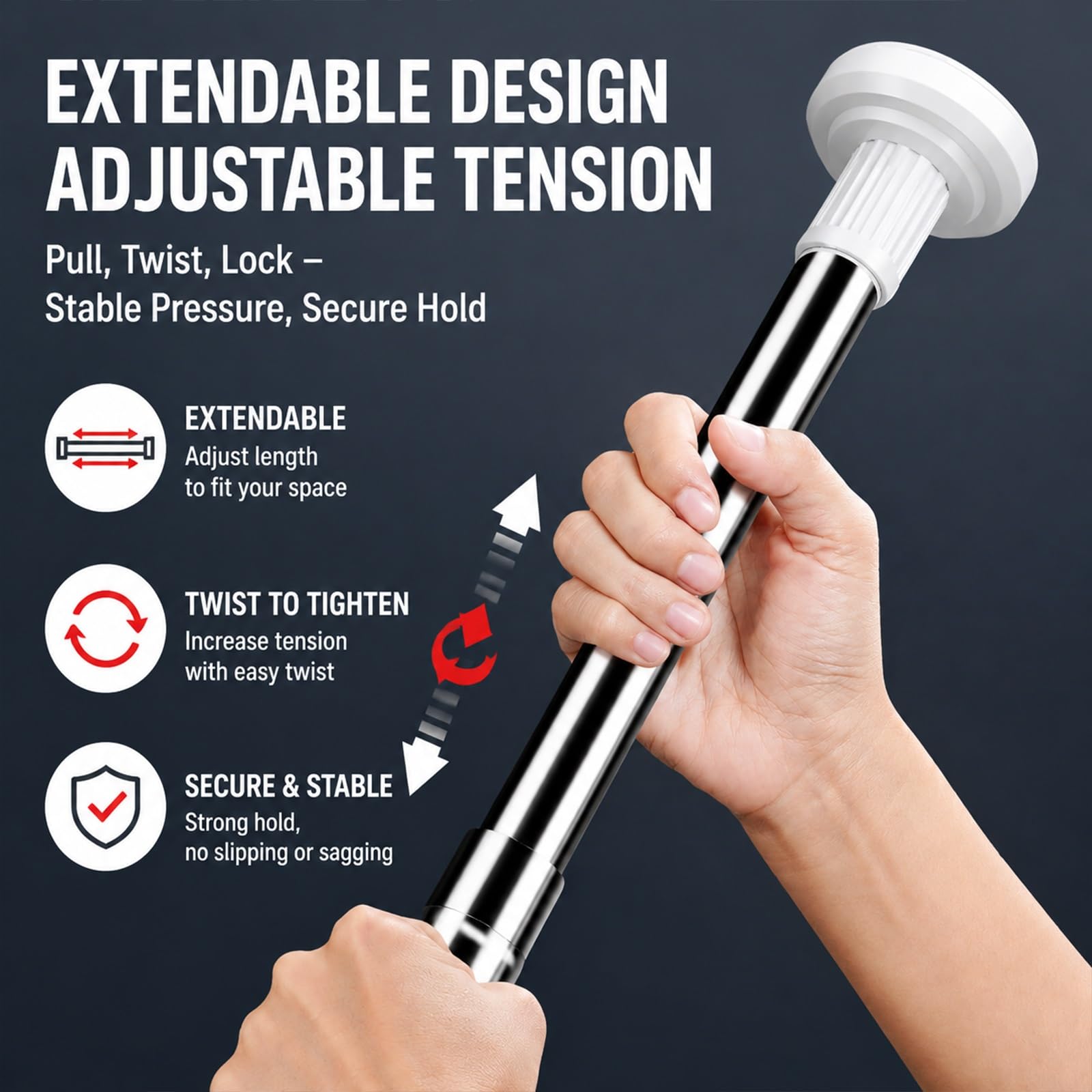 Barra Cortina Sin Taladrar de Taladrar con Base Desmontable, de 50 a 280 cm | Barra Armario Extensible Ajustable con Almohadillas Antideslizantes para Baño y Cortinas Estándar(110-200cm/43-79in)