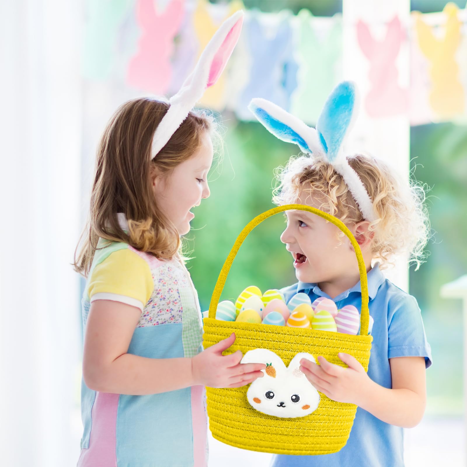 Oster-Geschenkkorb leer mit Geschenktüten und Bändern, Osterhasenkorb, Baby-Geschenkkorb, kleine gewebte Seilkörbe zum Organisieren, Korb zum Verschenken, Aufbewahrungskorb, Behälter, Gelb
