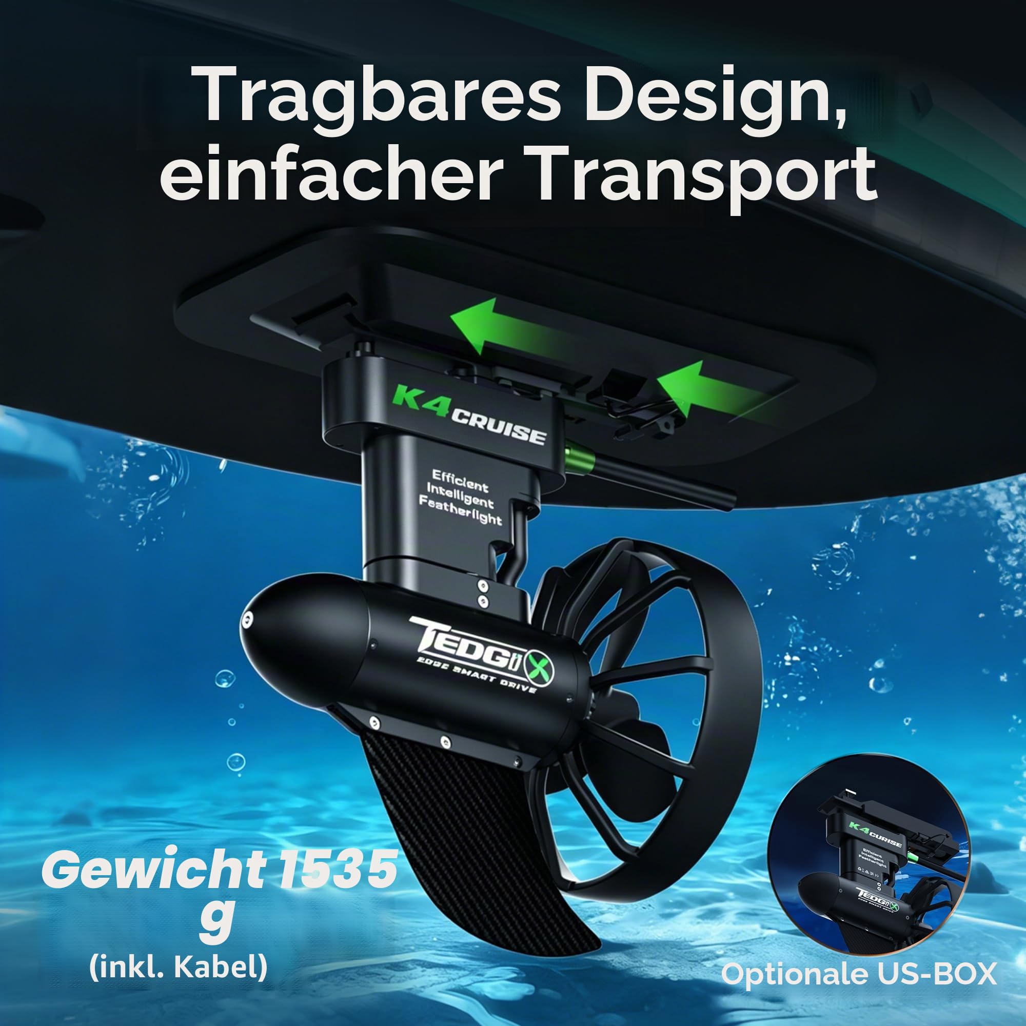 Tedgix K4C Motor für SUP&Kajak, 400W bürstenloser Unterwasserantrieb mit B4 Akku und Fernbedienung mit Tempomat, Elektrofinne für Stand Up Paddle, Boost Fin für Kanu Schlauchboot, K4 Upgraded Version