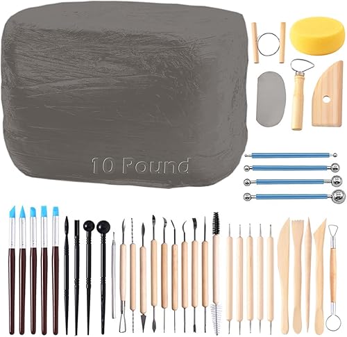 ReArt Arcilla natural seca al aire, arcilla para hornear, arcilla de cerámica de bajo fuego, 10 libras con 40 herramientas de cerámica, juego de