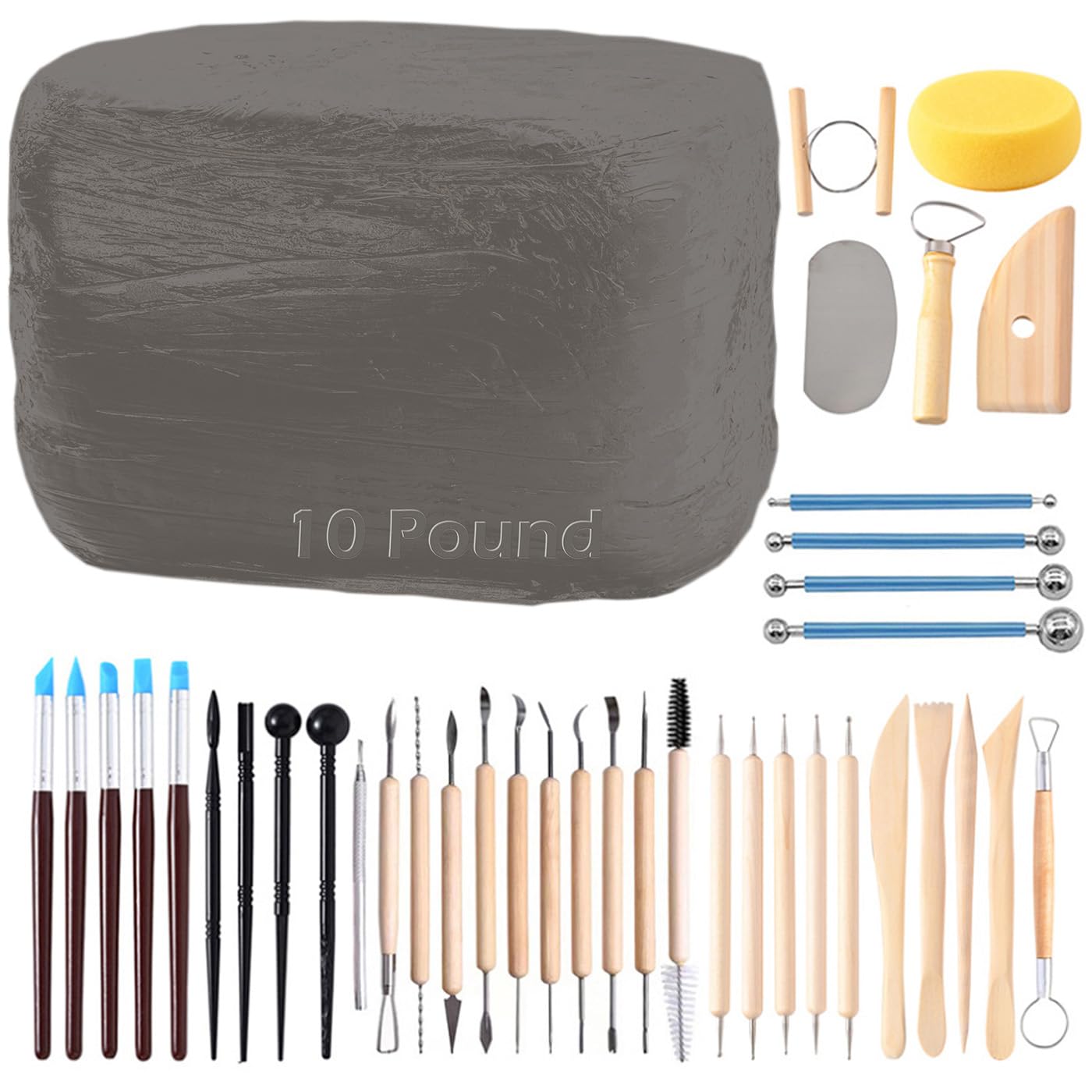 ReArt Natural Air-Dry Clay, Pottery Clay10LBs with 40 Pcs Pottery Tools Clay Sculpting Tool Set, All-Purpose Modeling Clay (Black)