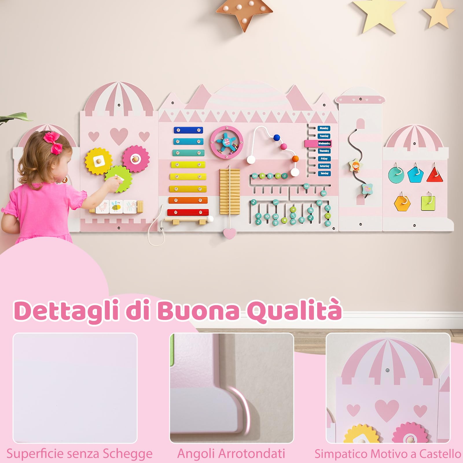 COSTWAY Pannelli da Parete con attività, Busy Board 11 in 1 Montessori in Legno per Sviluppo Sensoriale, Centro di attività Educativo Montato a Parete per Stanza Giochi, Asilo Nido (Castello)