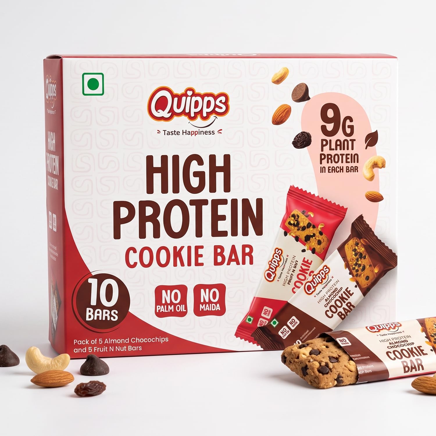 Quipps High Protein Health Bar Cookie Combo – 10 Bars (5 Fruit N Nut & 5 Almond-Choco Chips) | Gluten-Free, No Maida, No Palm Oil, No Processed Sugar, No Artificial Preservatives | Healthy Snack for Energy & Muscle Recovery-image-25