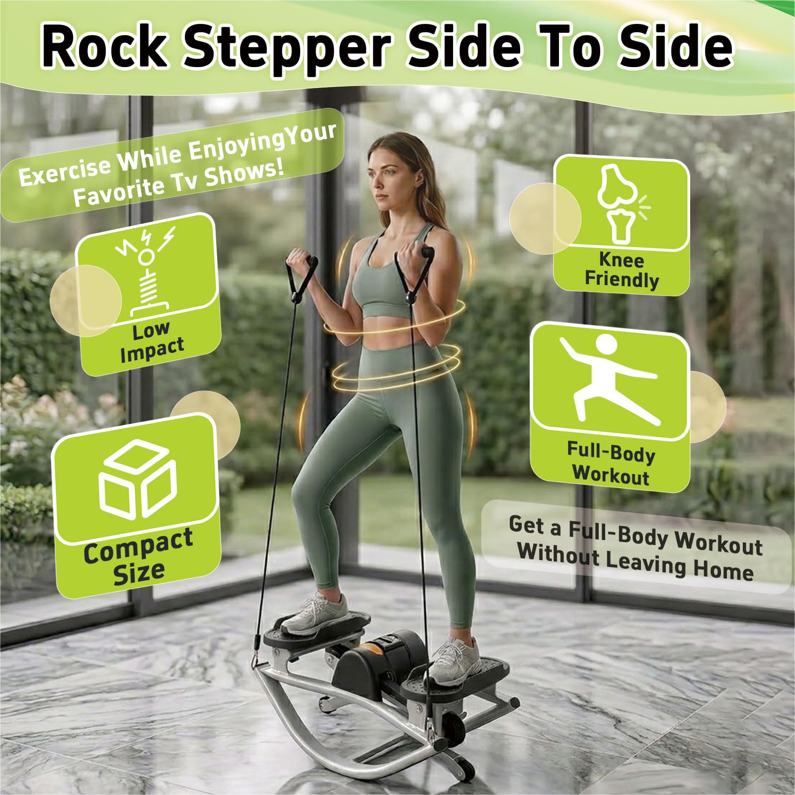 Rock Stepper Máquina de Ejercicios de Movimiento Lateral Silenciosa con Pantalla LCD y Bandas de Resistencia - para Casa y Debajo del Escritorio Premontada - Acero al Carbono