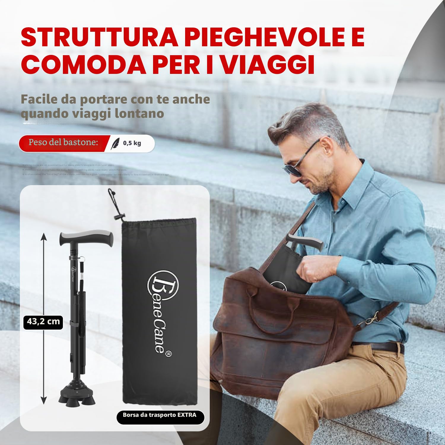 BeneCane Bastone da passeggio per uomini e donne bastone da passeggio per anziani bastone pieghevole Quad Cane regolabile leggero robusto autoportante pieghevole