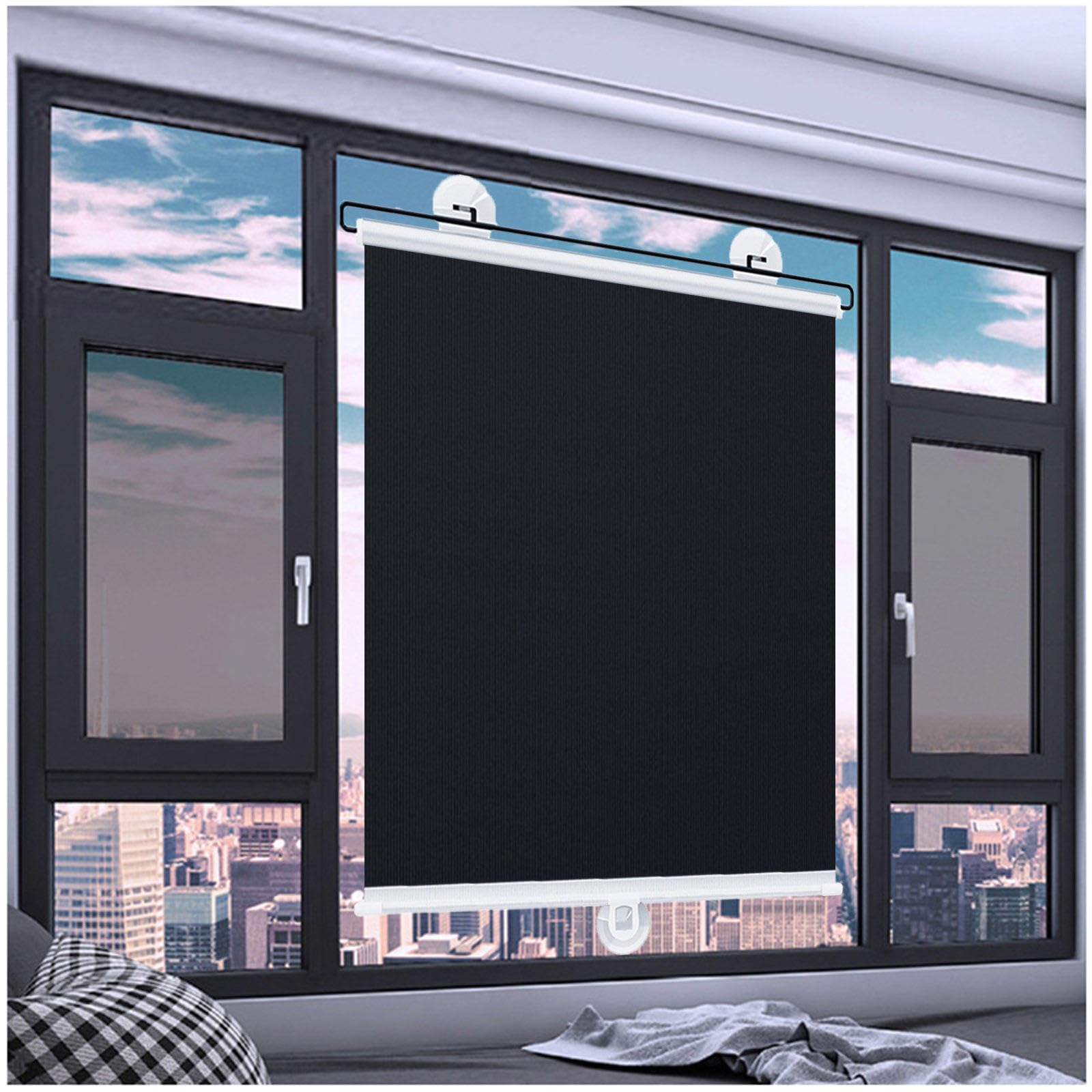 DECAKE Blackout Roller Blinds with Suction Cups, Sunshade Roll Up Without Drilling, Sun Protection Thermal Shades, for Home/Office/car Windows,Black-45x160cm/18 * 63in