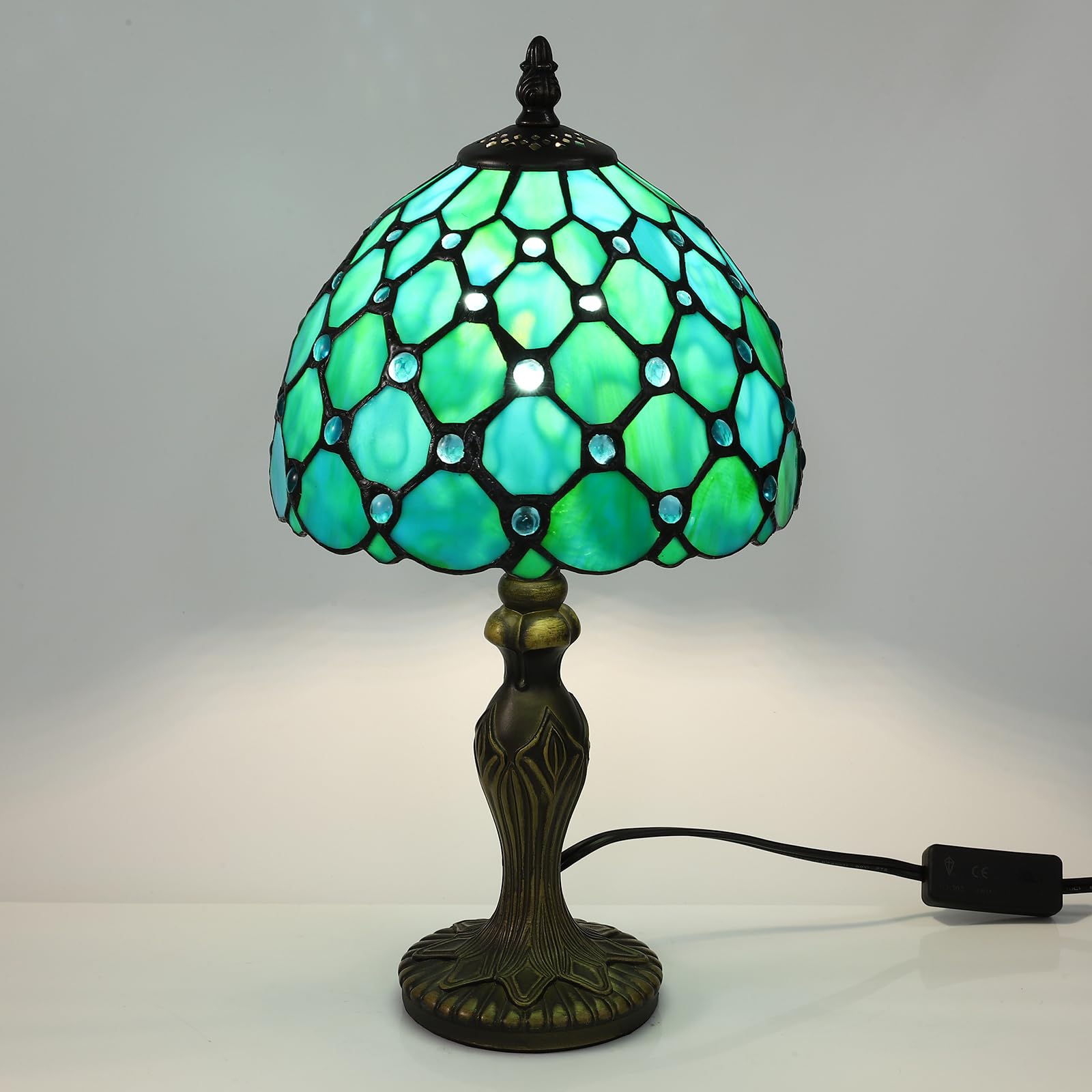 Tiffany Tischlampe, Retro Lampe, Kleine Vintage Nachttischlampe, Deko Tischleuchte, Blau Blumen Muster, Handcraft Bunte Glas Lampenschirm, Mit E27 LED Glühbirne, für Schlafzimmer Wohnzimmer Büro
