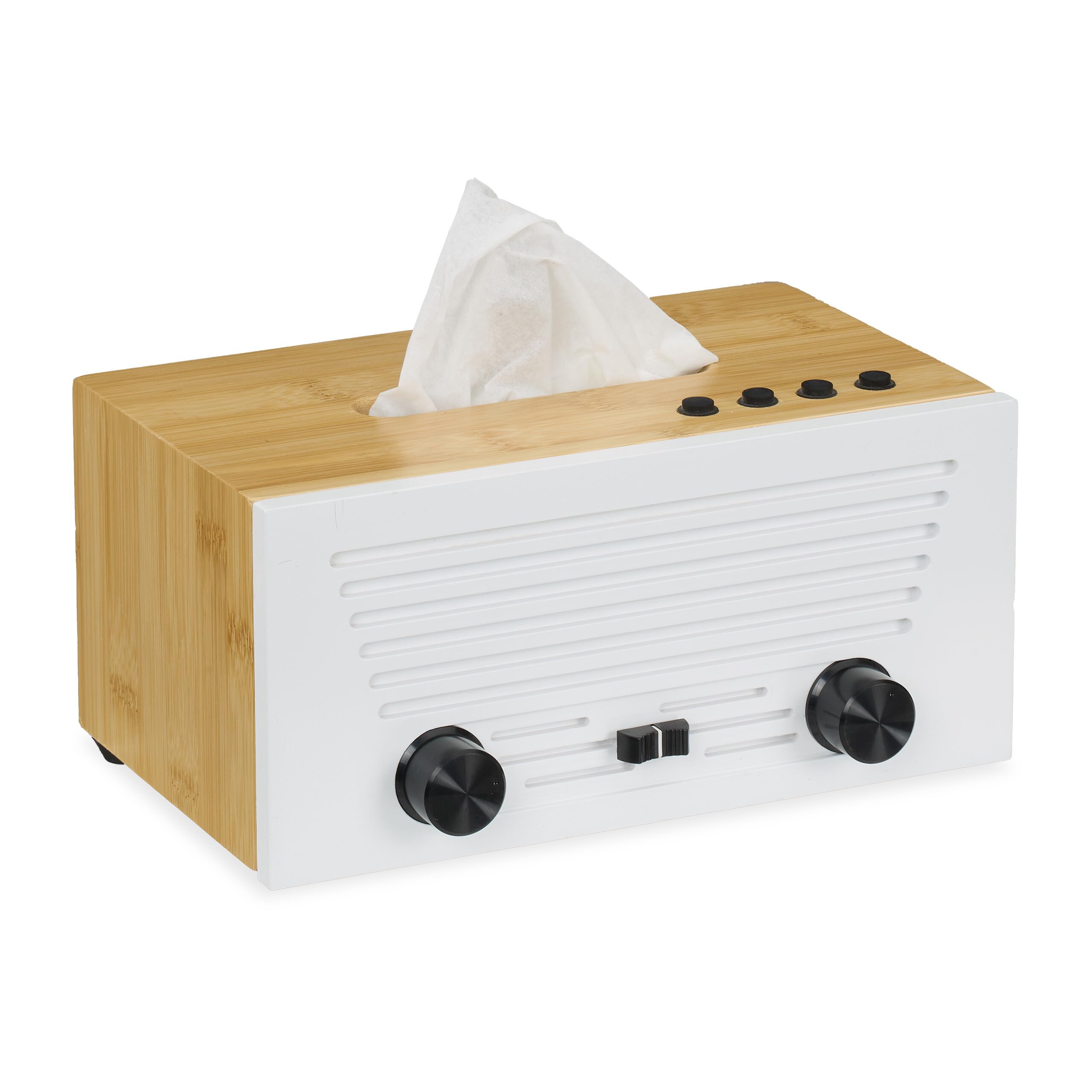 Relaxdays Bamboo Tissue Box in Radio Design, Cosmetic Tissues & Paper Towels Storage, Refillable Dispenser, Natural