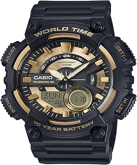 Casio AEQ110BW Series | Men’s Analog-Digital Watch |100M WR | Multi Alarms | 100 SEC Stopwatch | Countdown Timer | World Map for World Time | LED Light | LC Display | 10 Year Battery