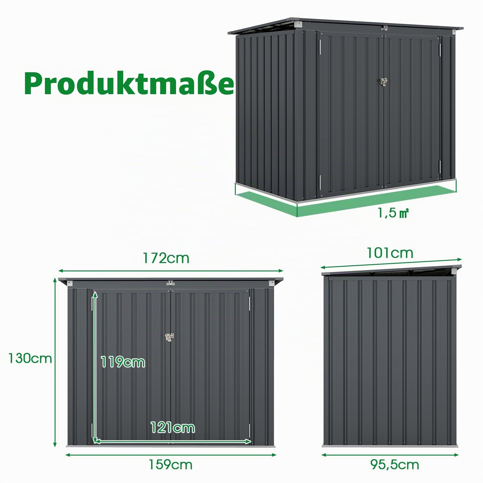 HOMASIS Mülltonnenbox für 2 Mülltonnen, 1,5 m² Gerätehaus Metall, wetterfest Geräteschuppen mit Doppeltür & Klappdeckel, abschließbar Gartenbox Müllbox dunkelgrau, inkl. 2 Handschuhen, 172x101x130cm