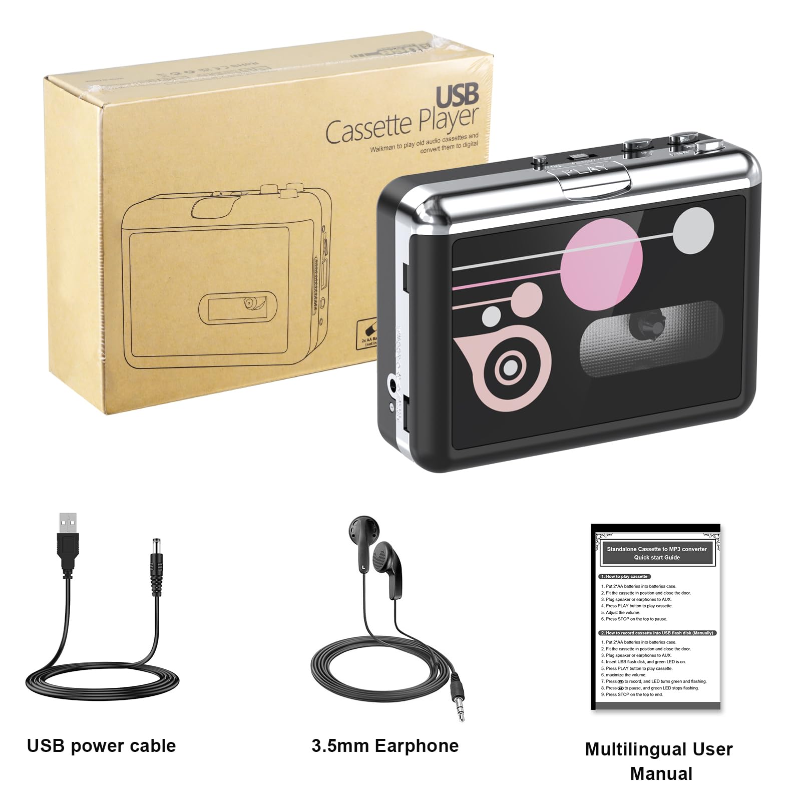 Lettore di Cassette Portatile Convertitore da Cassetta a MP3 USB Digitale con Auricolari