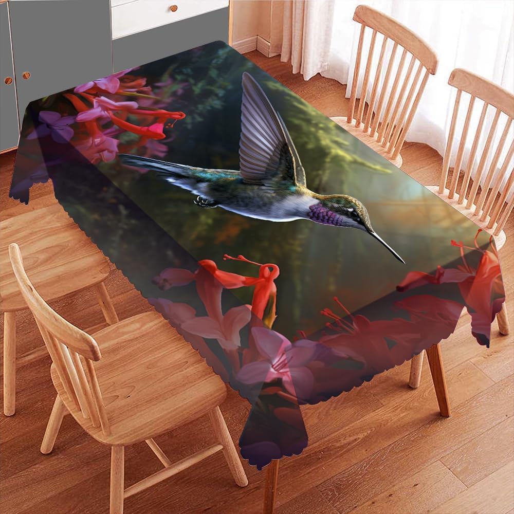 Rustic Hummingbird Waterproof Tablecloths Colorful Flowers Forest Mountains Nature Animals Table Cloths for Kitchen Dining Cloth Table Cloth for Rectangle Tables 55Wx102L Inch