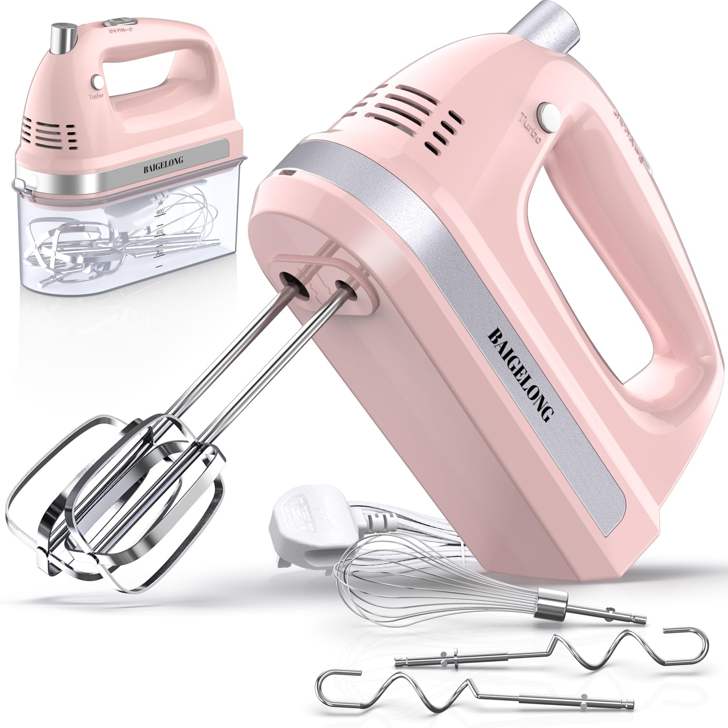 BAIGELONG Hand Electric Mixer, 300W Ultra Power Food Kitchen Mixer with 5 Self-Control Speeds + Turbo Boost, 5 Stainless Steel Attachments Handheld Blender for Baking, PINK — image 1