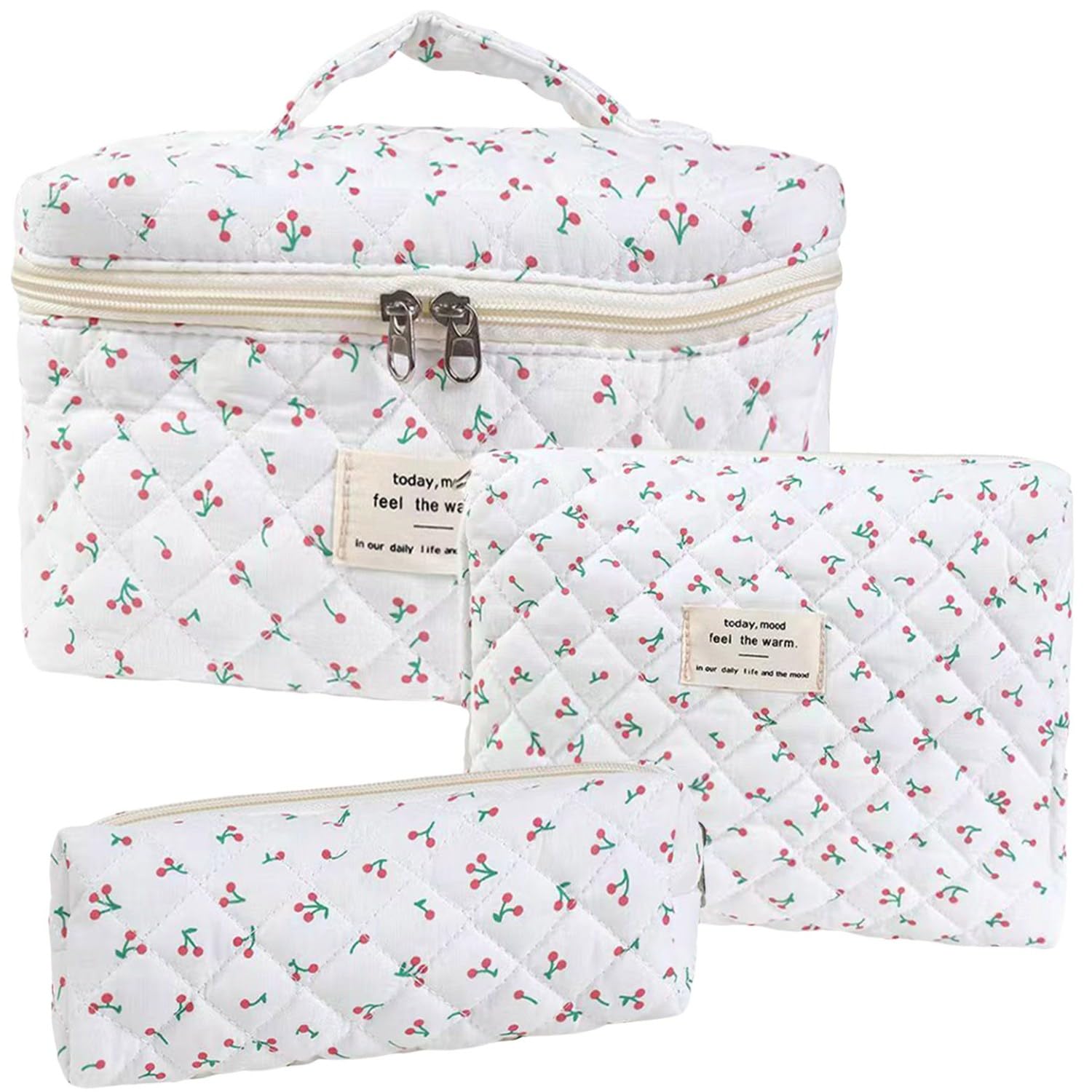 Dkieuyu 3Pcs Cotton Quilted Makeup Bag Set, Cute Floral Makeup Bags, Large Travel Coquette Make up Bag Cosmetic Bag Toiletry Organizer Bag for Women