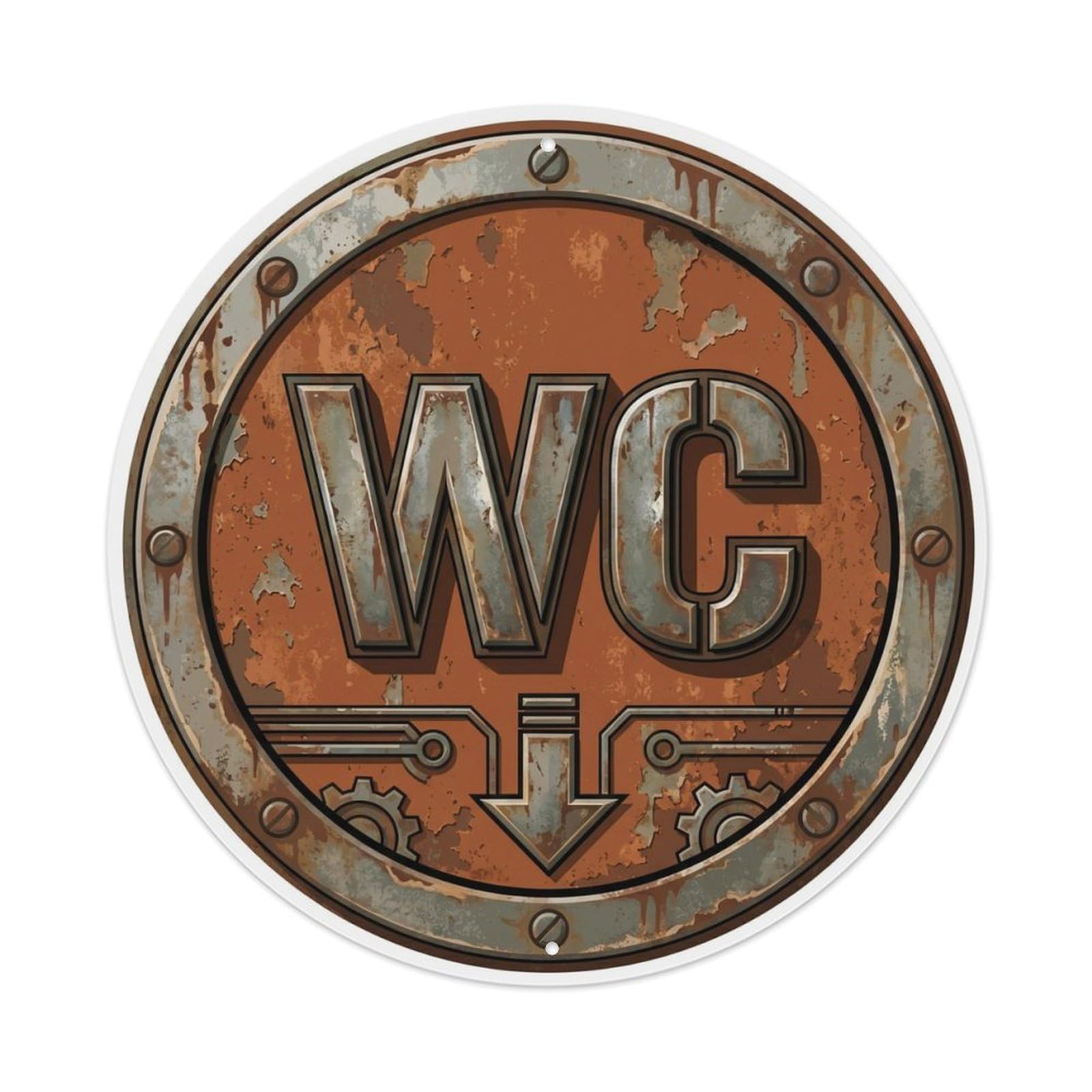 Toilet （WC） Weathered Rust Orange Emblem Metal Tin Sign Plaque Wall Decor for Cafe, Club Bar, Office, Home Garden Round Metal Poster 8x8Inch