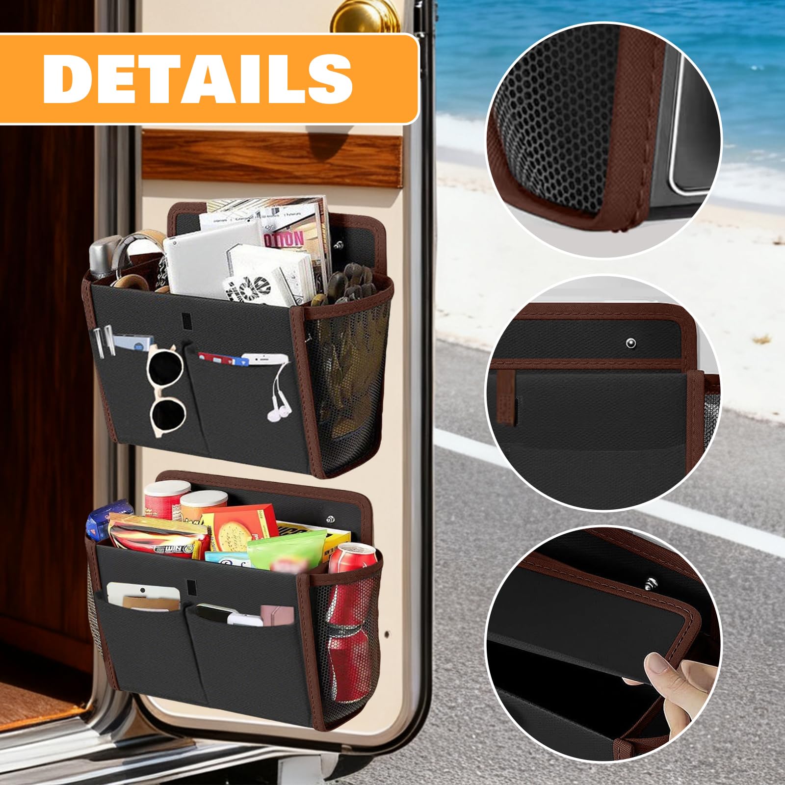 Organizer per camper, 2 pezzi, autoadesivo, da appendere, da campeggio, portatile, con tasca principale e tasca frontale e tasca laterale in rete, per camper, furgone, cucina, ufficio, bagno