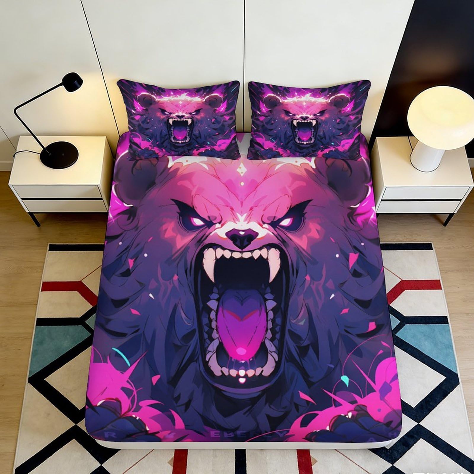 3D Printed Fierce Bear Fitted Sheet Microfiber Purple Animal Art Mattress Cover for Bedroom Dorm Room Decor 120x200x25cm