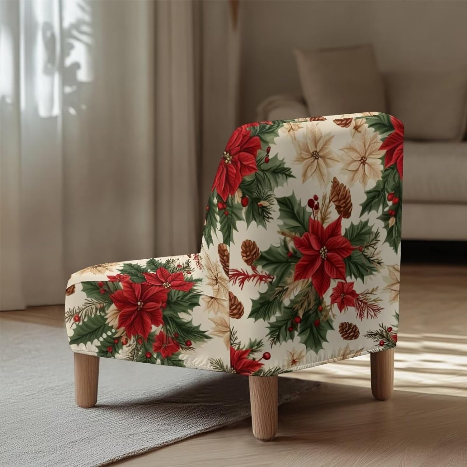 ZOUTAIRONG Christmas Flower Chair Slipcovers Without Arms Stretch Armless Accent Chair Cover for Living Room No Arms Slipper Chair Covers Sofa Chair Cover Armless