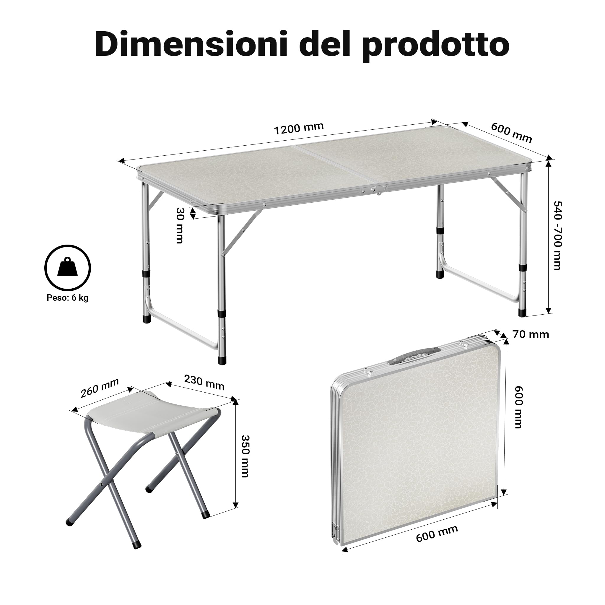 Wiltec Set da campeggio con tavolo pieghevole regolabile in altezza e 4 sedie richiudibili per uso outdoor