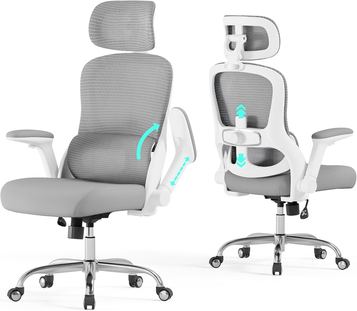 Veratric Ergonomic Office Chair - Computer Desk Chairs Comfy, Mesh High-Back Gaming Chair with Adjustable Lumbar Support, Executive Task Chair for Adults, Comfortable for Long Hours (White Grey)