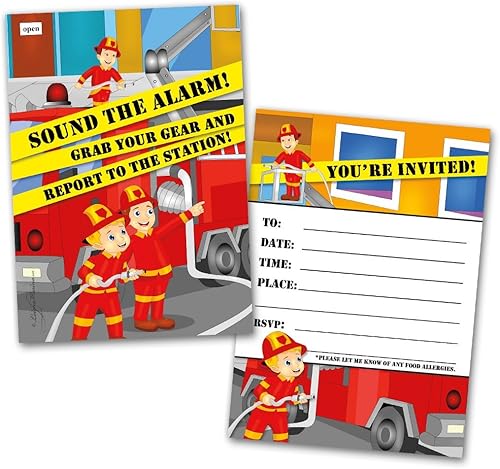 Leigha Marina Tarjetas de invitación de fiesta de bombero para niños, 20 invitaciones y 20 sobres, rellena las notas de felicitación en blanco,