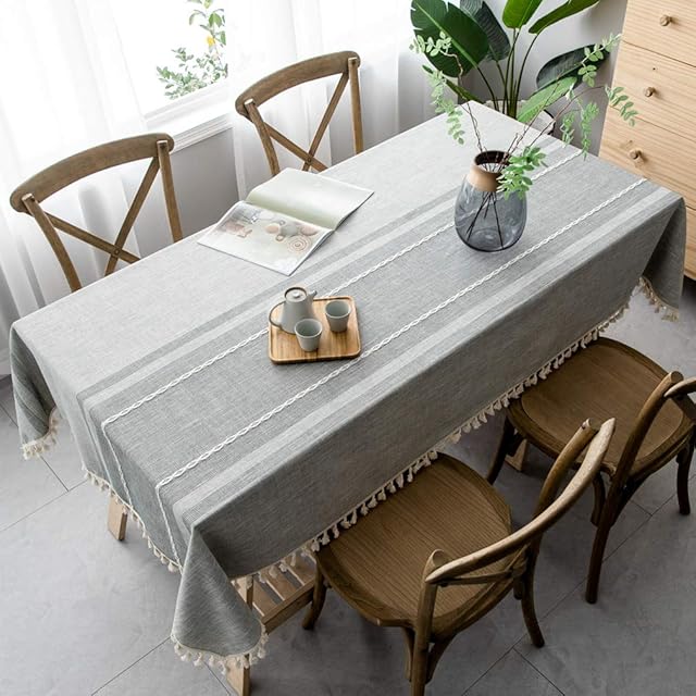 Pahajim Tablecloth Rectangular Table Cloth Cotton Linen Tassel Wipe Clean Washable Tablecloth Wrinkle Freefor Kitchen, Dinning,Party Tabletop Decoration(Gray, 55 x 71 inch)