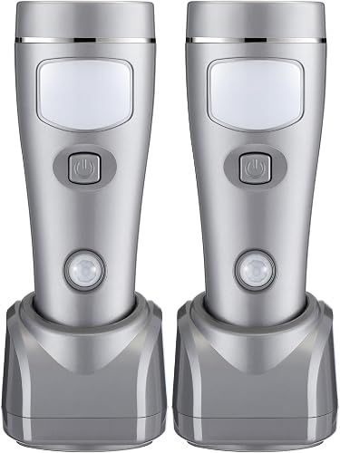Enhon 4 in 1 LED Rechargeable Plug in Flashlights, 2 Pack LED Emergency Lights for Home Power Failure, Plug in Power Outage Light, Power Failure Light with Motion Detection (Silver)