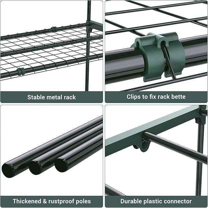 The Ohuhu Plant Greenhouse Shelves 4 Tier 2 Pack is a set of extra-wide and stable shelving units designed for outdoor use. Each shelf measures 31x18x42 inches and is made of rustproof metal, making them durable and long-lasting. These shelves are perfect for organizing and displaying plants, gardening tools, and other outdoor accessories.