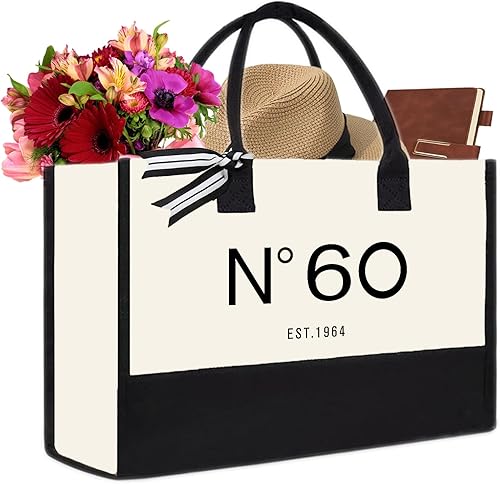 QLSKO Bolsa de lona de regalo de cumpleaños número 60 para mujeres, N60 EST.1964, bolsa de playa de recuerdo para fiesta de 60 años, regalo de