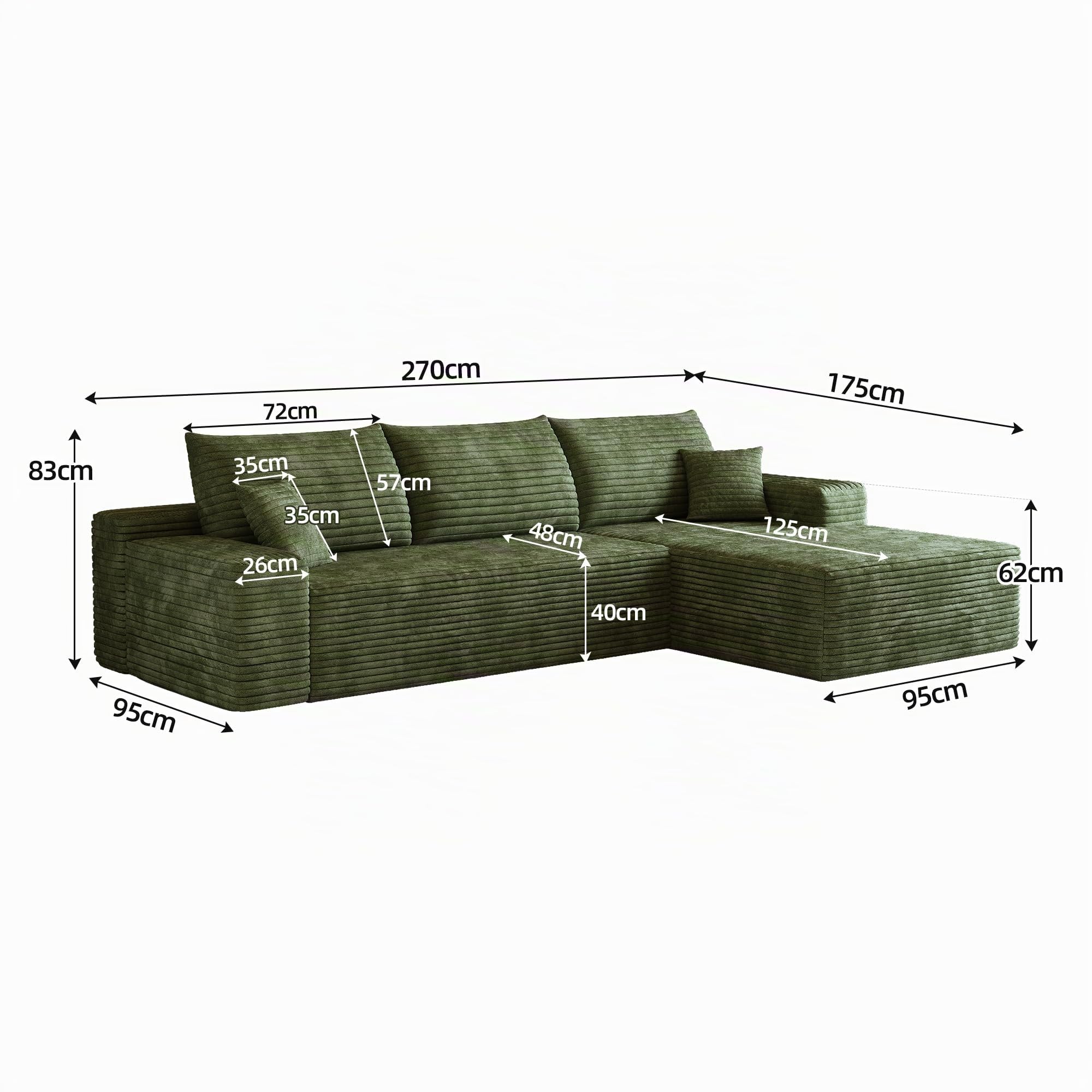 Canapé modulaire 270 cm, canape Dangle 3 Places pour Salon, Chambre, avec méridienne, Assise Profonde, Velours côtelé, livré compressé, canapé d'angle compressé （Méridienne à Droite）